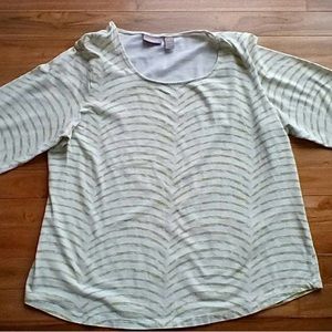 🍀 Chico’s Green & White Striped, 3/4 Tab Sleeve, Cotton Tee, Size 2, Large